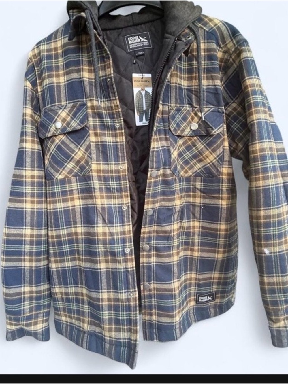 NWT Eddie Bauer Men's Navy & Tan Plaid Quilted hooded Jacket size S
